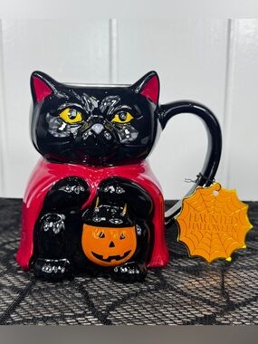 NEW Haunted Halloween Black Cat In a Cape Mug